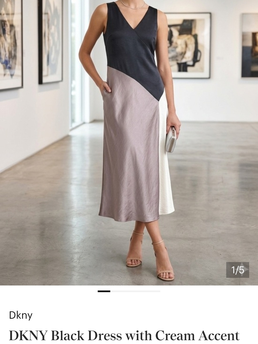 DKNY Black, Taupe & Cream Colorblock Midi Dress